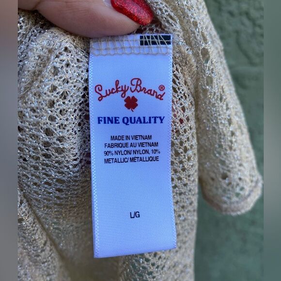 EUC LUCKY BRAND Sheer Knit Cream/Gold Flowy Boho Top Large - Picture 7 of 8